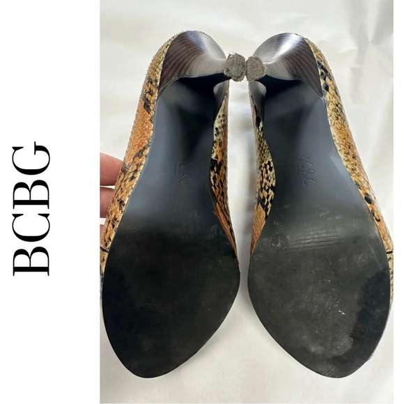 🛍️3/$40 BCBG Open Toe Platform Heel Shoe Snakeskin Brown Leather Upper Size 6.5 - Picture 6 of 9